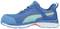 Blue sports shoe with green accents, a white sole and orange details. Mesh pattern in the upper material.