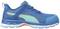 A blue sports trainer with turquoise and orange accents, featuring a thick white sole and padded collar.