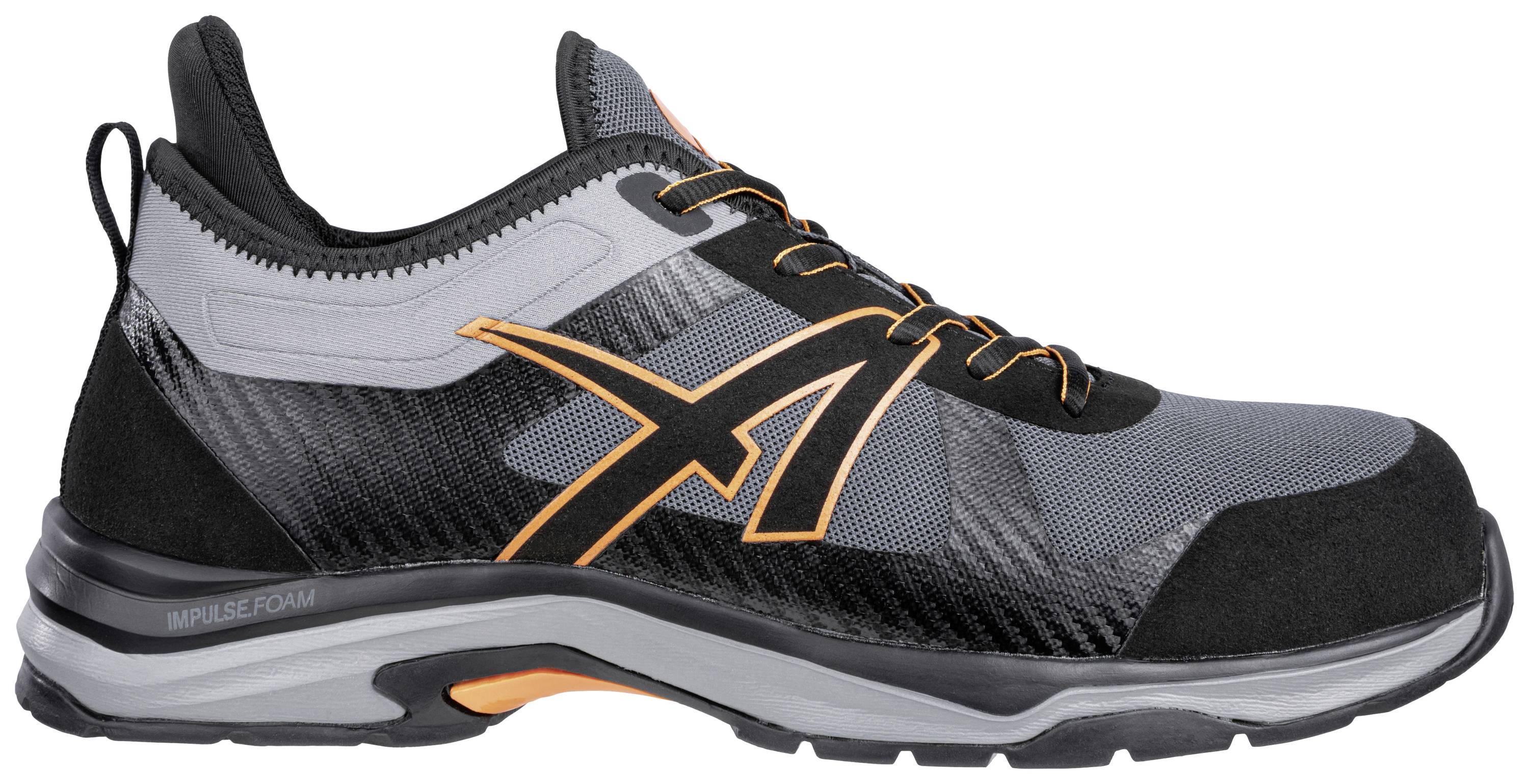 Black and grey safety shoe with orange accents and a distinctive sole. Fire protection and comfort are the primary focus.