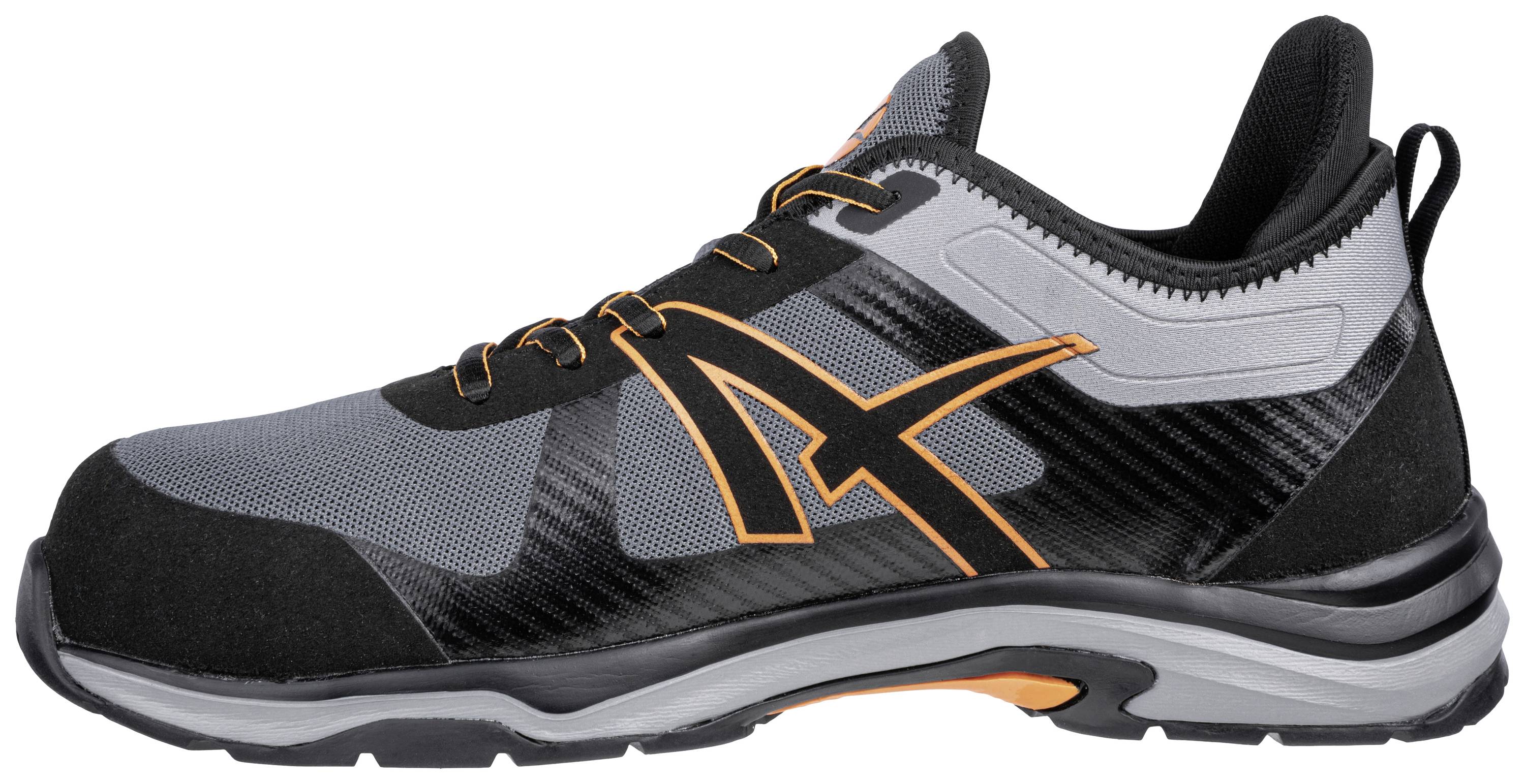 Grey-black trainer with orange accents and a flat sole, suitable for sports activities and casual occasions.