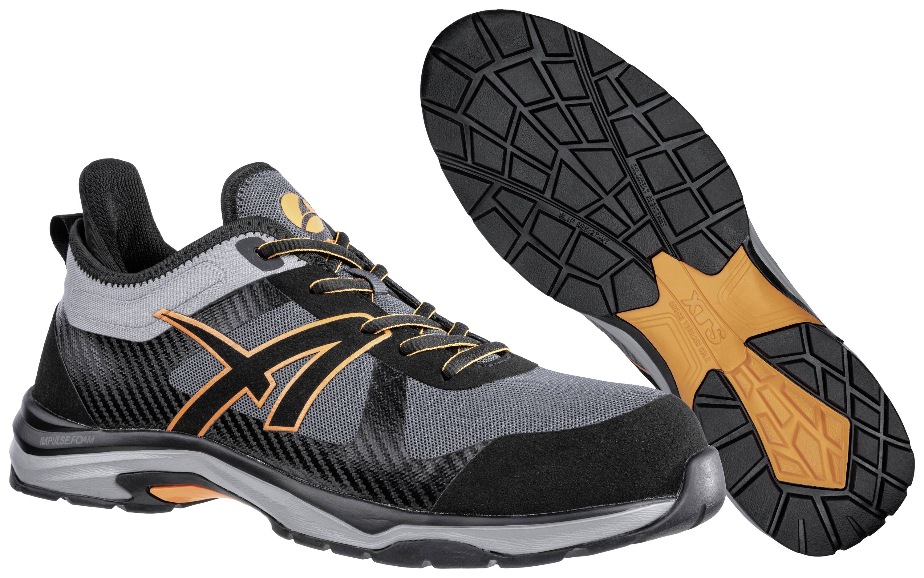 A pair of black and grey trainers with orange accents. The soles have a distinctive tread for better grip.