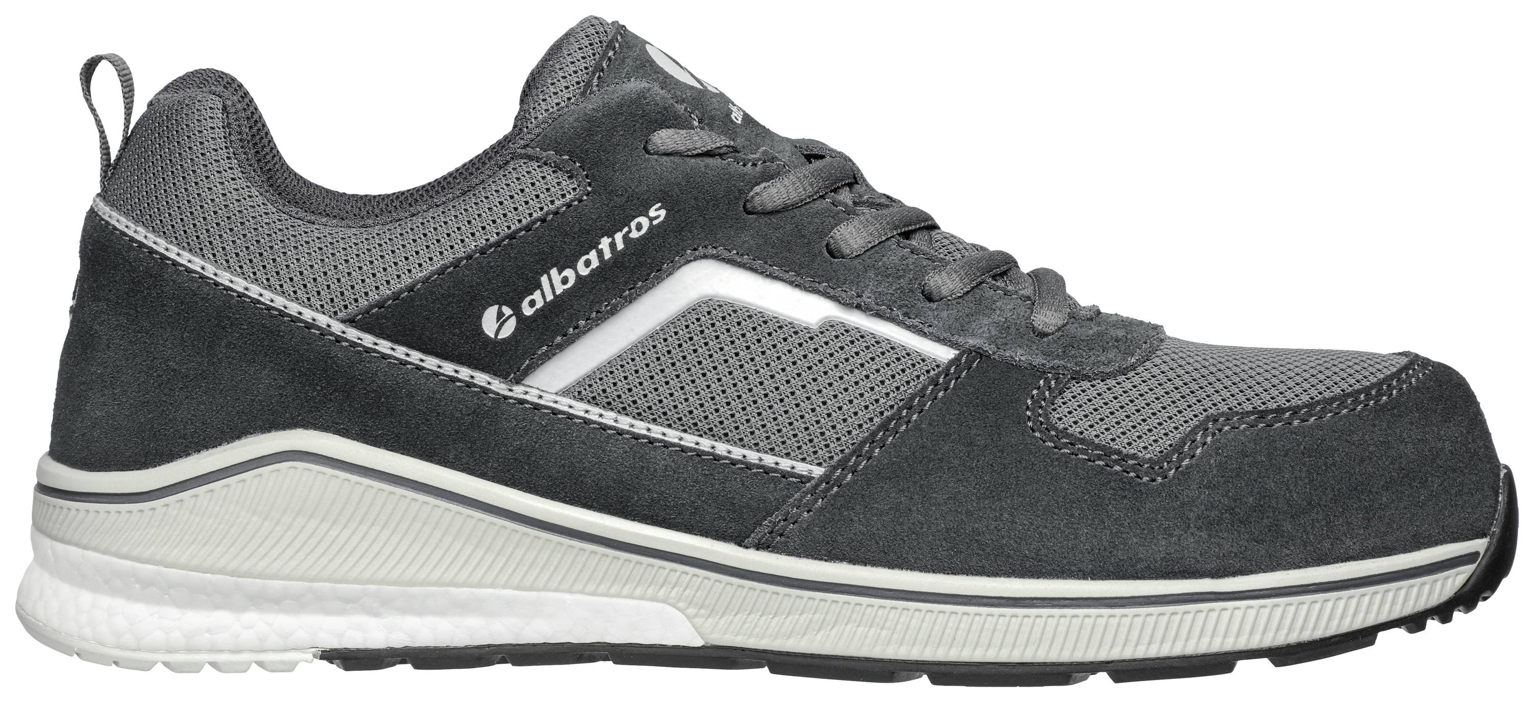 Grey and black sports trainer with lace-up fastening, side logo, and cushioned sole, suitable for leisure activities.