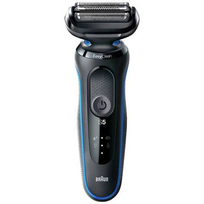 Electric shaver with black and blue design, brand logo 'Braun', model 'S5'. Includes power on/off button and battery status indicator.