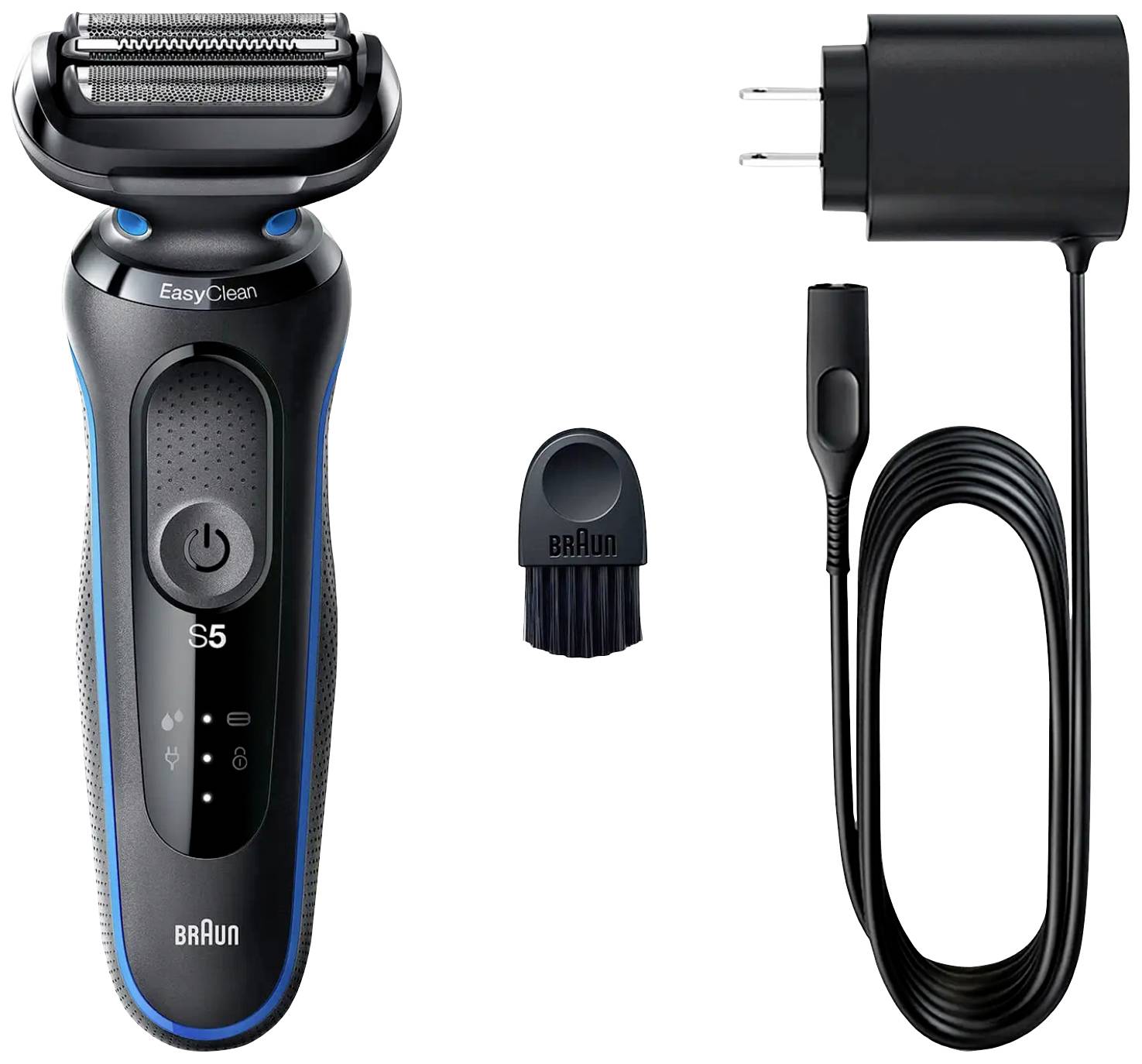 Electric shaver with cleaning brush and charger. Device has a black handle with blue accents and 'S5' designation.
