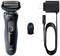 Electric shaver with cleaning brush and charger. Device has a black handle with blue accents and 'S5' designation.