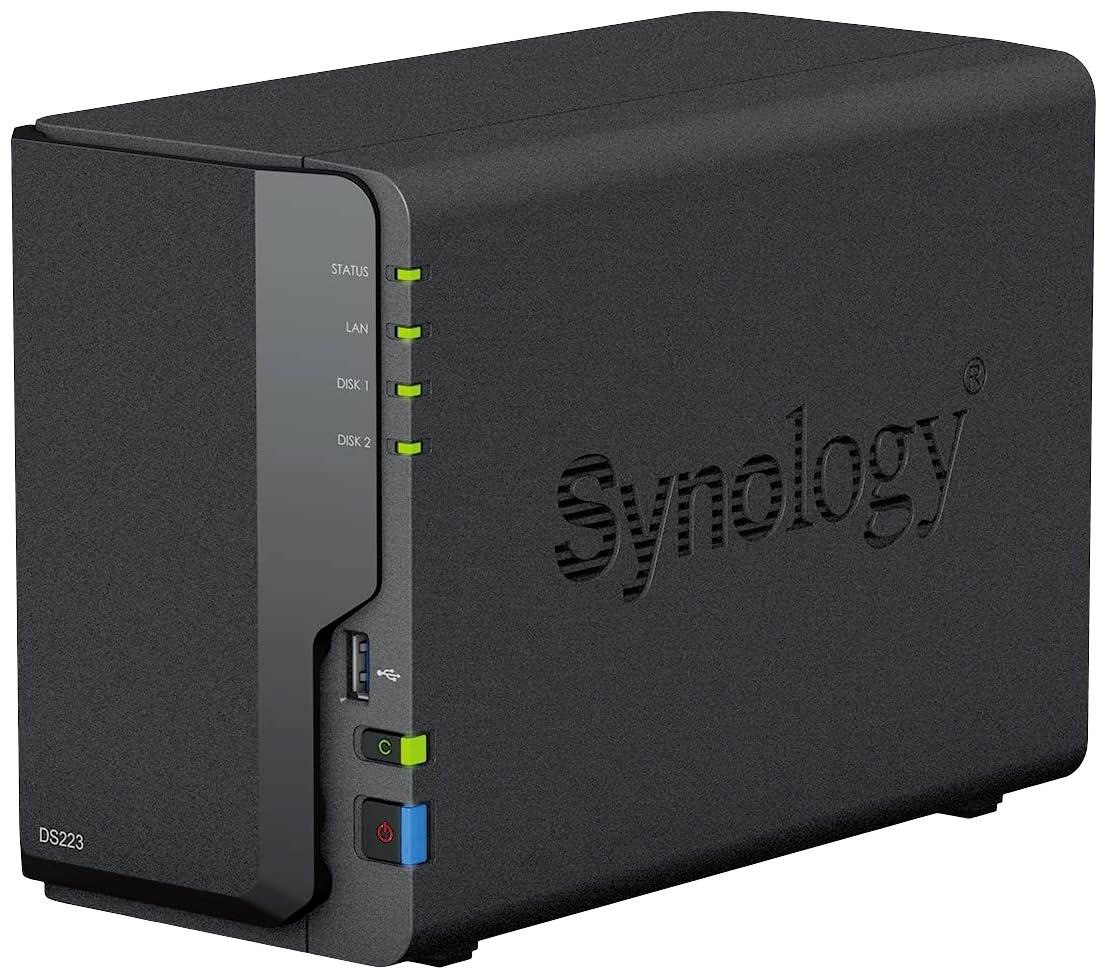 A black NAS device with a Synology logo, multiple status indicators, and a USB port on the front.