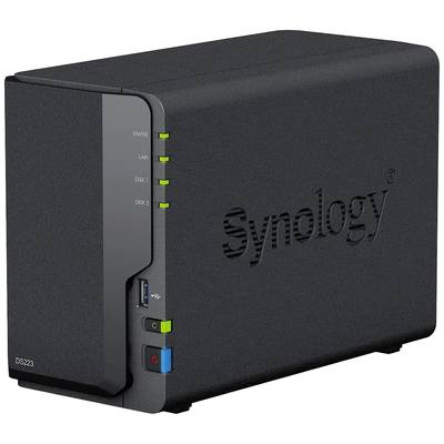 A black NAS device with a Synology logo, multiple status indicators, and a USB port on the front.