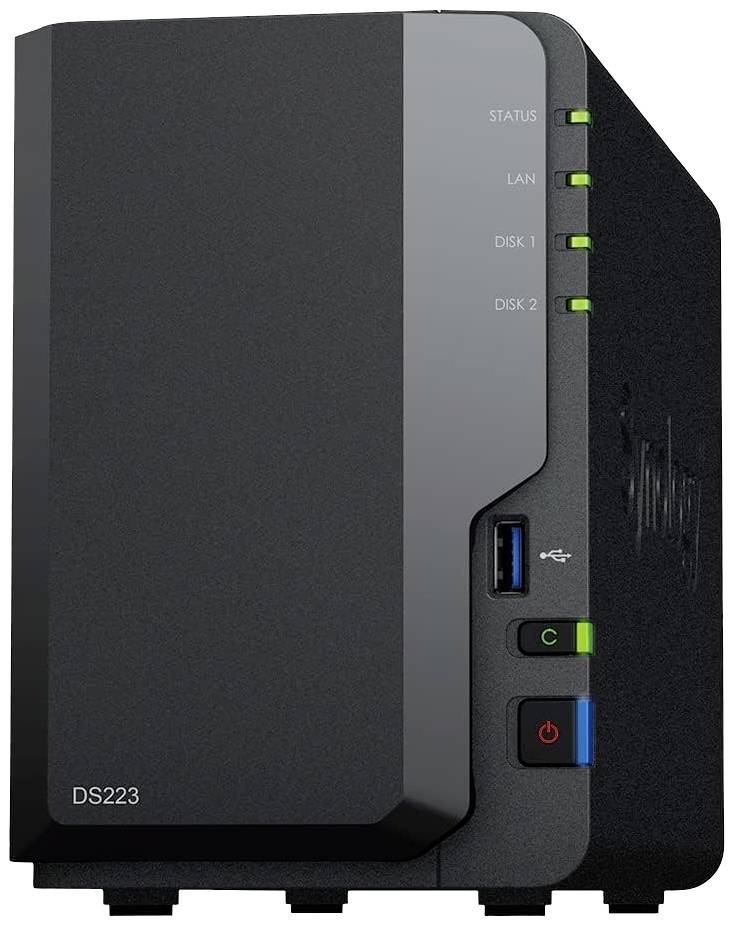 A black NAS server with model number 'DS223' and four status LEDs on the front panel. Includes LAN and USB ports.