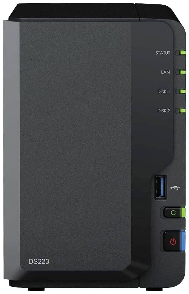 A black NAS device (network-attached storage) with three LED indicators for status, LAN and two hard drives. USB port located bottom right.