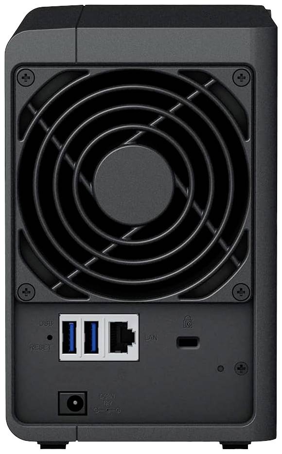Back of a black network storage device with a fan, USB ports, a LAN port and power connection on the bottom left.