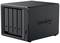 Black NAS server with four drive bays, illuminated LED indicators and brand logo on the side. It is used for data storage and management.