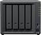 A black NAS device with four drive bays, blue USB port on the bottom right, status indicators on the right-hand side.