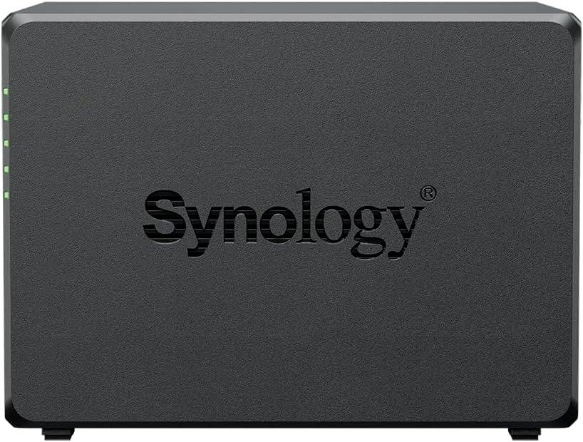 A black Synology network-attached storage device (NAS) with LED indicators on the left side, sits on a flat surface.