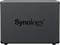 A black Synology network-attached storage device (NAS) with LED indicators on the left side, sits on a flat surface.