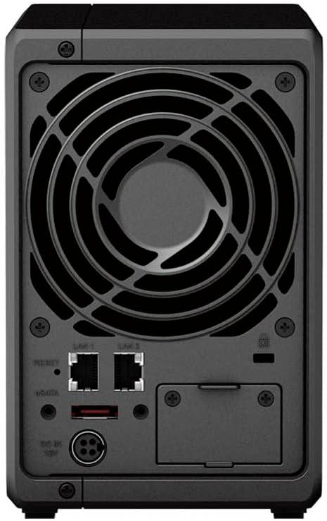 Back of a network-attached storage (NAS) device with a large fan, two LAN ports, USB port and power connection at the bottom, reset button at the top.