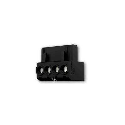 A black, rectangular connector with four round connection holes.
