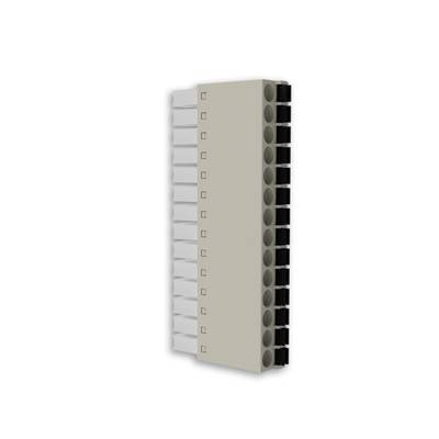 A rectangular electrical connector with multiple white and black terminal blocks, vertically oriented.