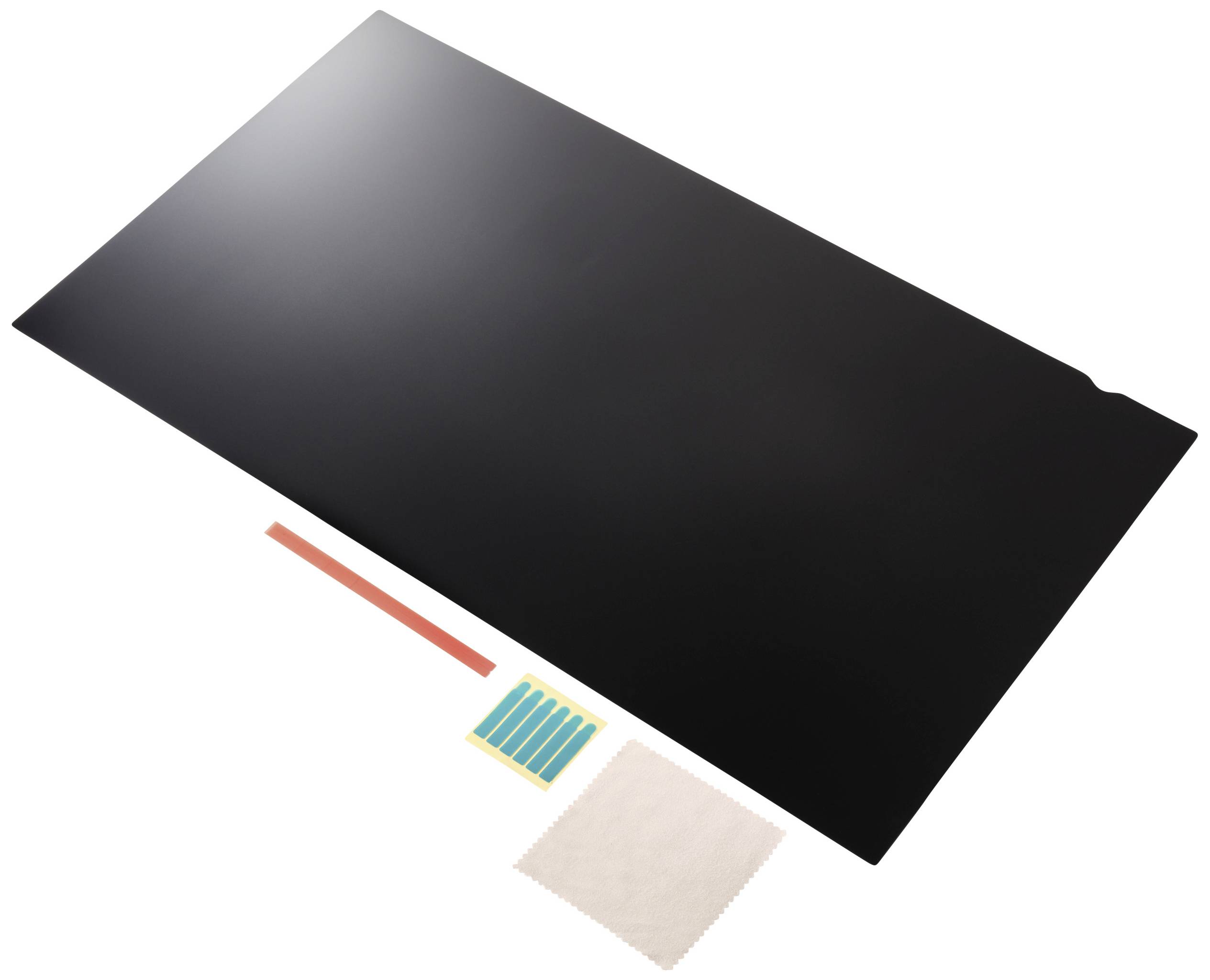 Laptop Anti-Glare Filter with rectangular black filter and accessories: cleaning cloth, adhesive strips, and mounting aids.
