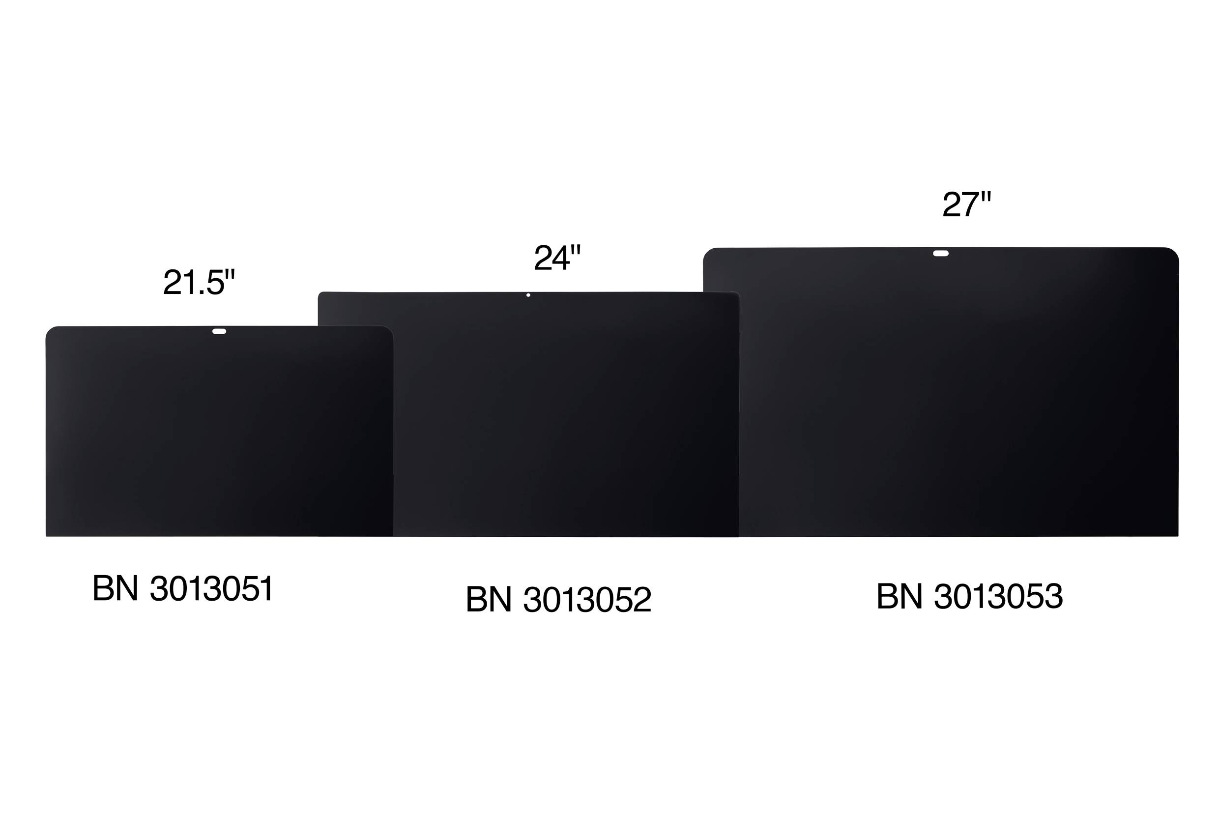 Three monitors in different sizes: 21.5 inches (BN 3013051), 24 inches (BN 3013052), 27 inches (BN 3013053), side by side.