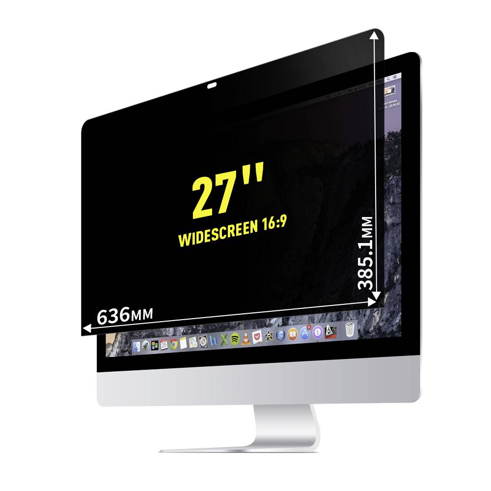 A 27-inch widescreen monitor in 16:9 format with dimensions of 636mm width and 385.1mm height, display showing macOS Dock.