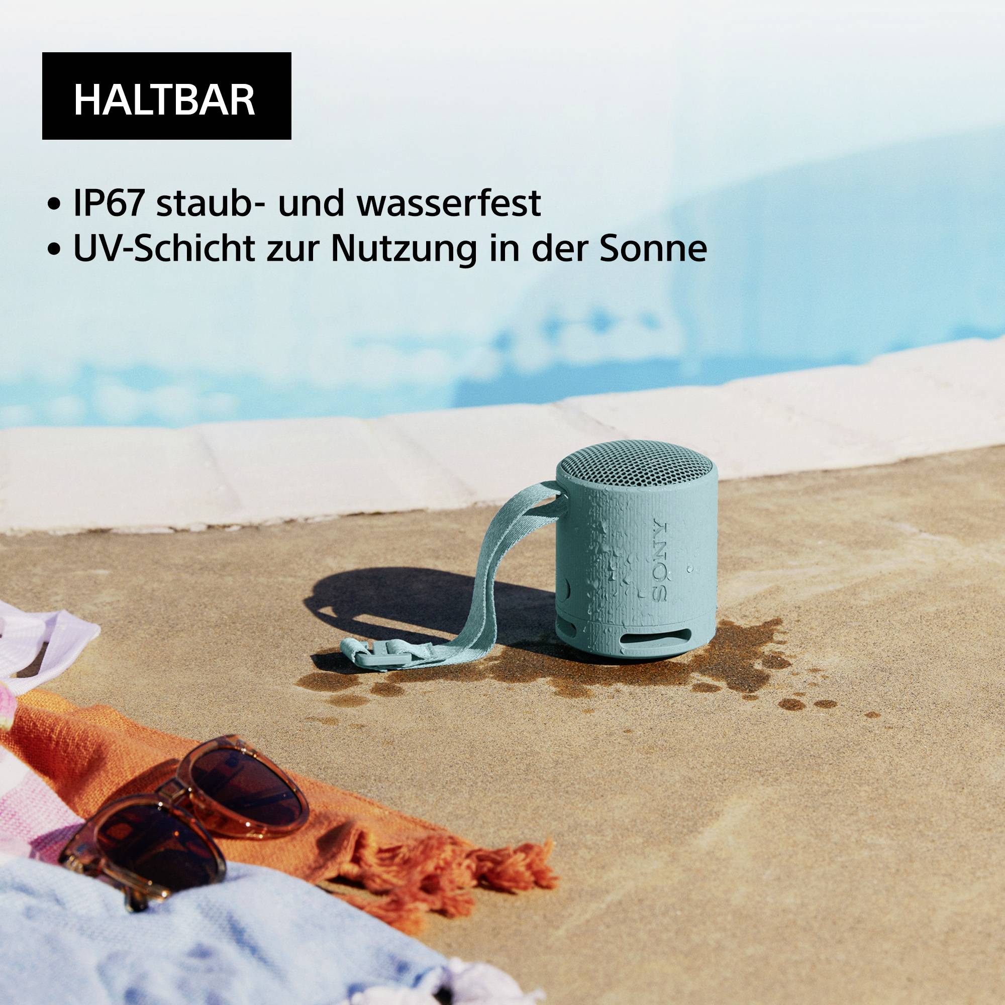 A portable speaker stands by the pool. Text: 'Durable, IP67 dust and waterproof, UV coating for use in the sun'.