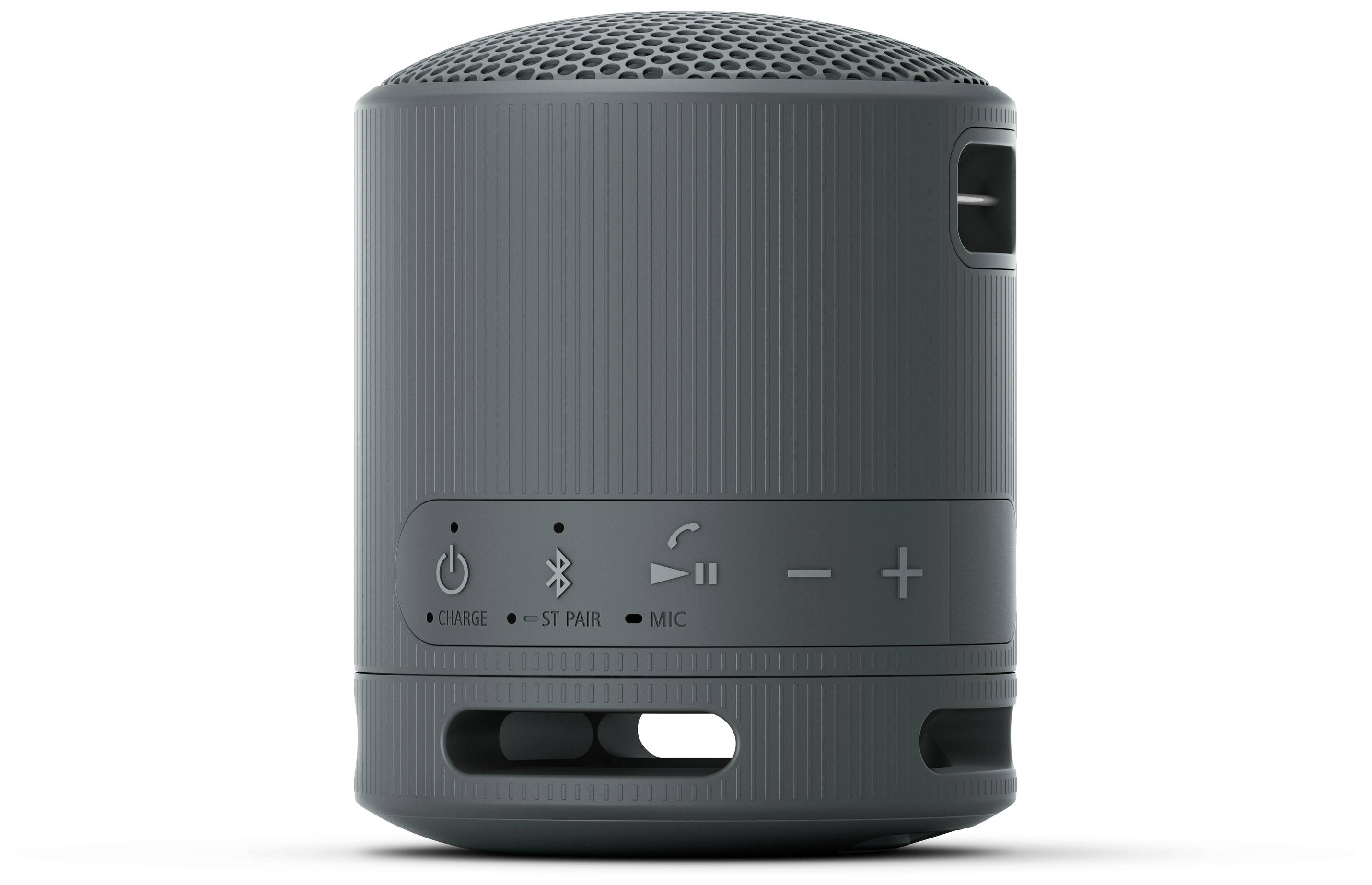 Black, cylindrical Bluetooth speaker with control buttons on the side for volume and playback control.