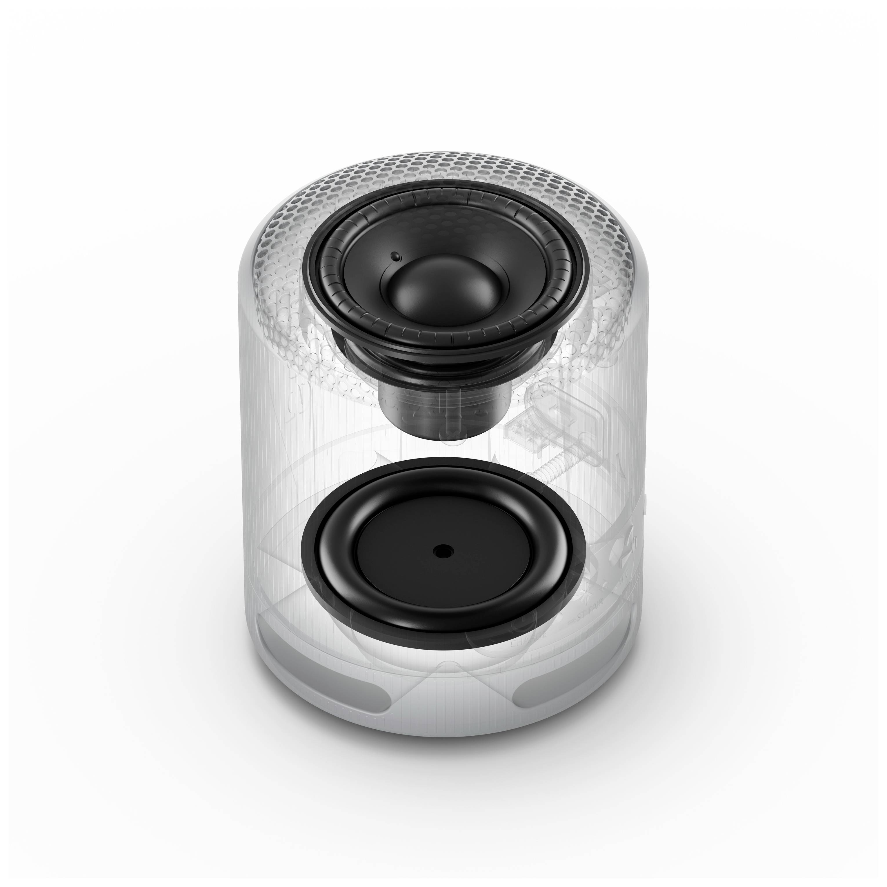 'Transparent speaker with two visible drivers positioned vertically. Modern technology for clear sound.'