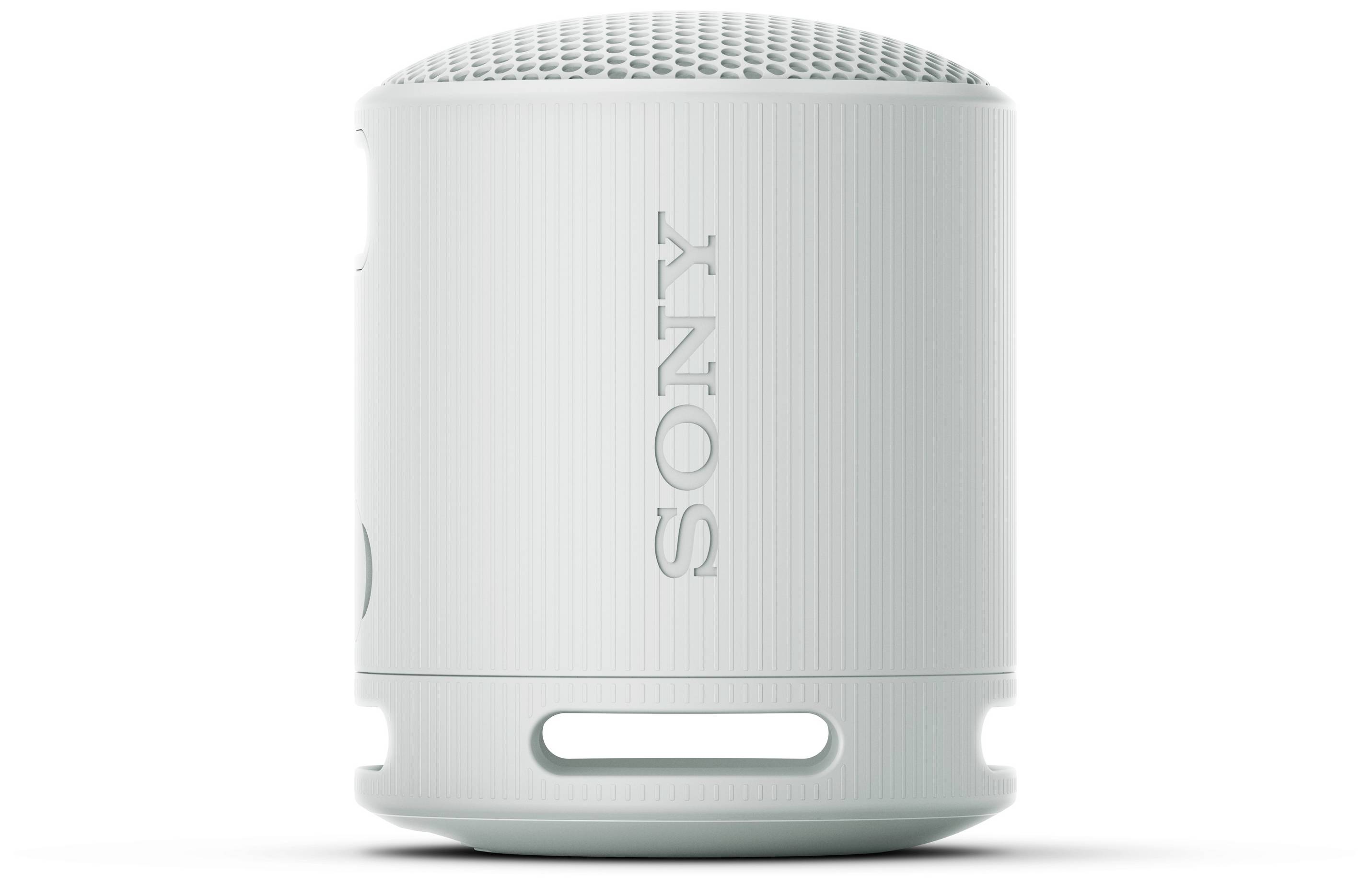 A white portable speaker with the 'Sony' inscription on the side, cylindrical in shape with a fine mesh structure on top.