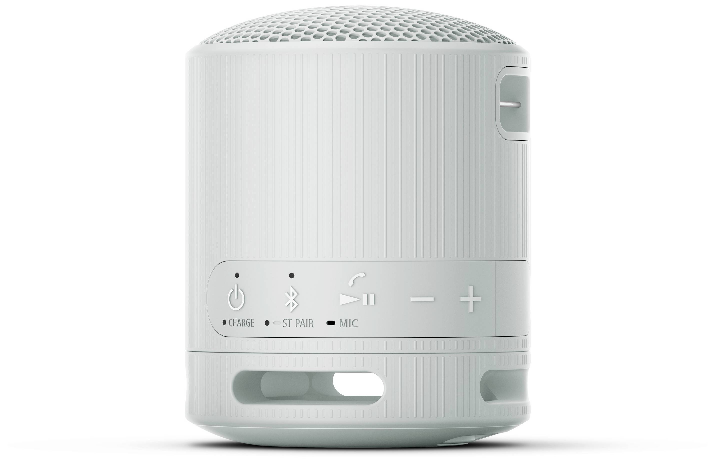 Portable, cylindrical Bluetooth speaker in light grey with side control buttons for power, Bluetooth, volume, and microphone.