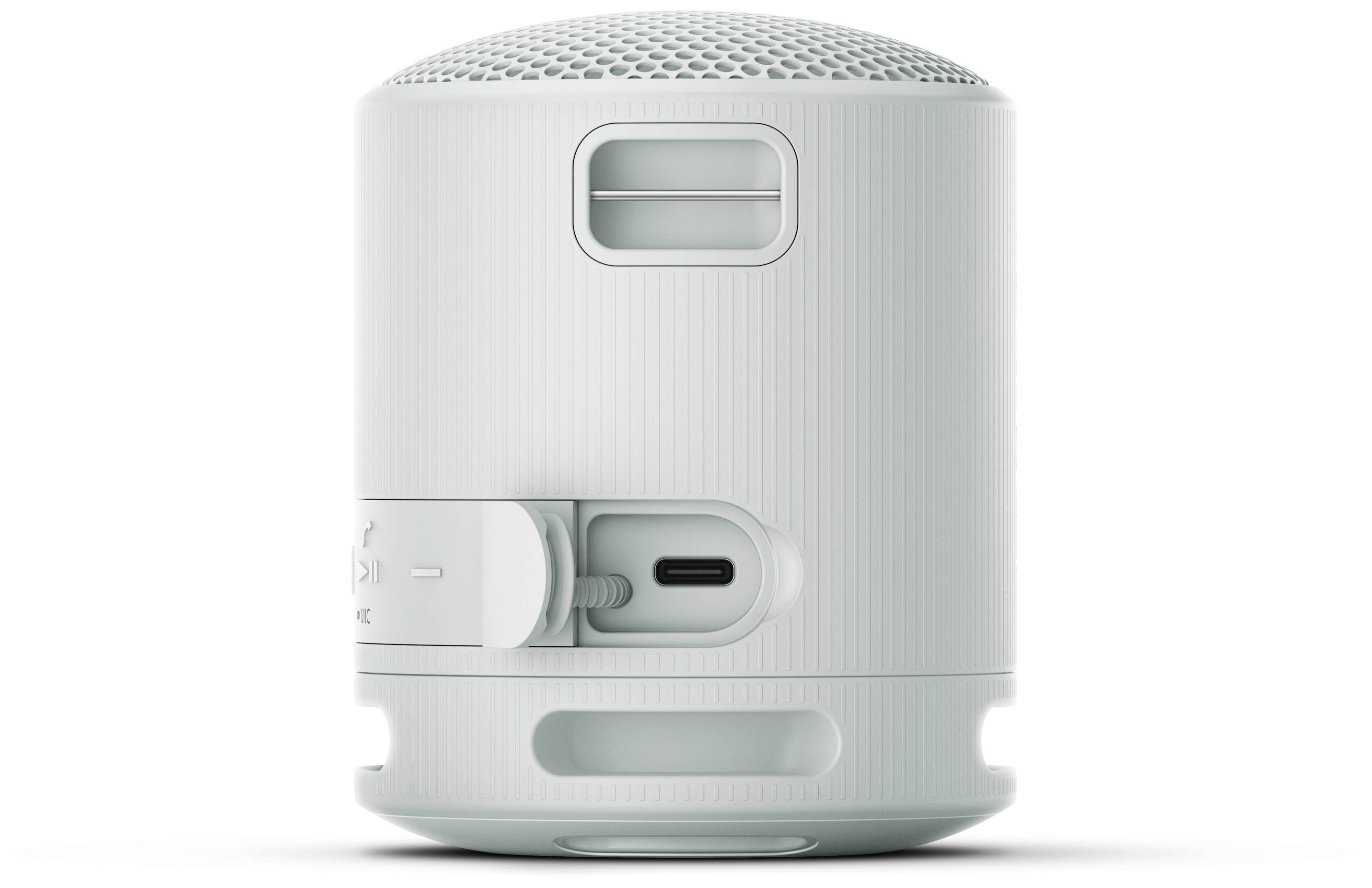 Portable white speaker with mains connection and side-mounted controls.