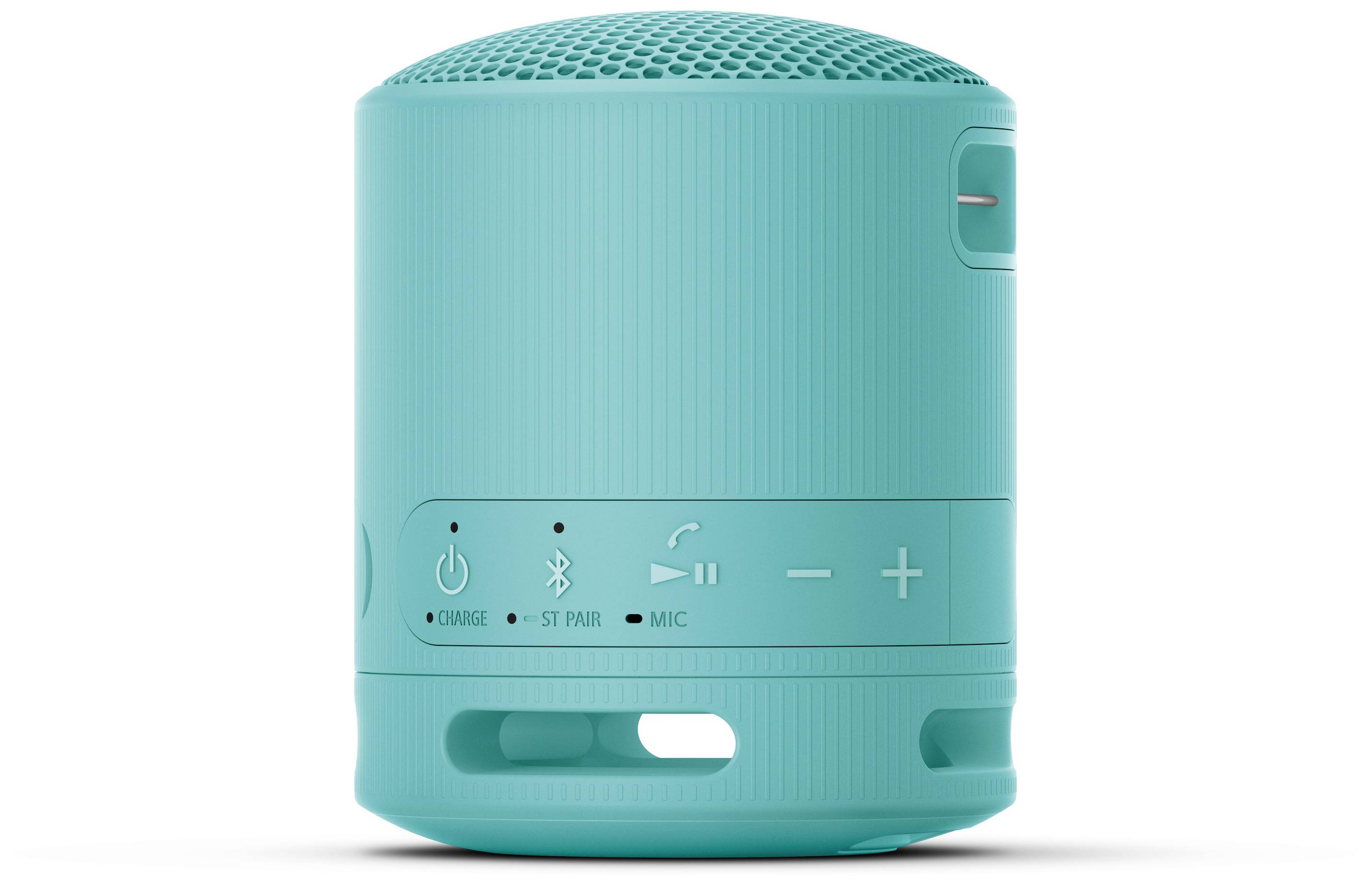 A blue, cylindrical Bluetooth speaker with control buttons for volume and playback.