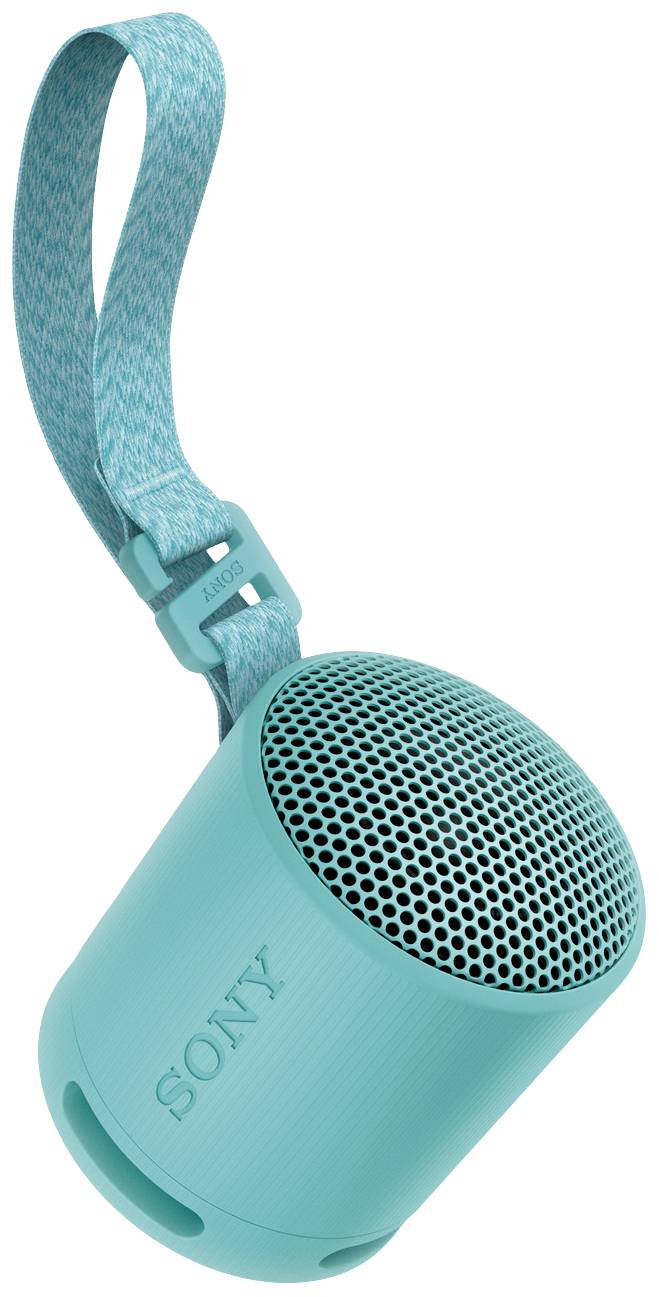 A blue, portable Sony speaker with a textured loop for hanging.