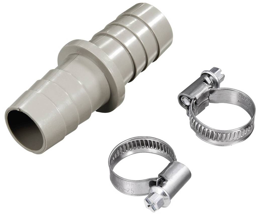A grey hose connector with three stages and two silver hose clips for fastening. Suitable for pipes or hoses.