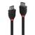 Two black HDMI cables with red details, standing side by side against a white background.