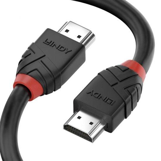 A black HDMI cable with red accents and two plugs lies on a white background.