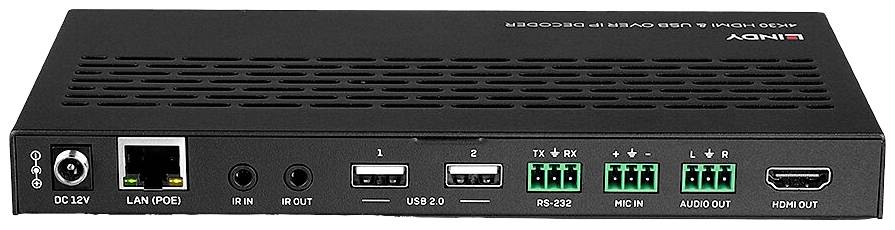 A black network and media converter with ports for LAN, IR, USB, RS-232, audio and HDMI, front view.