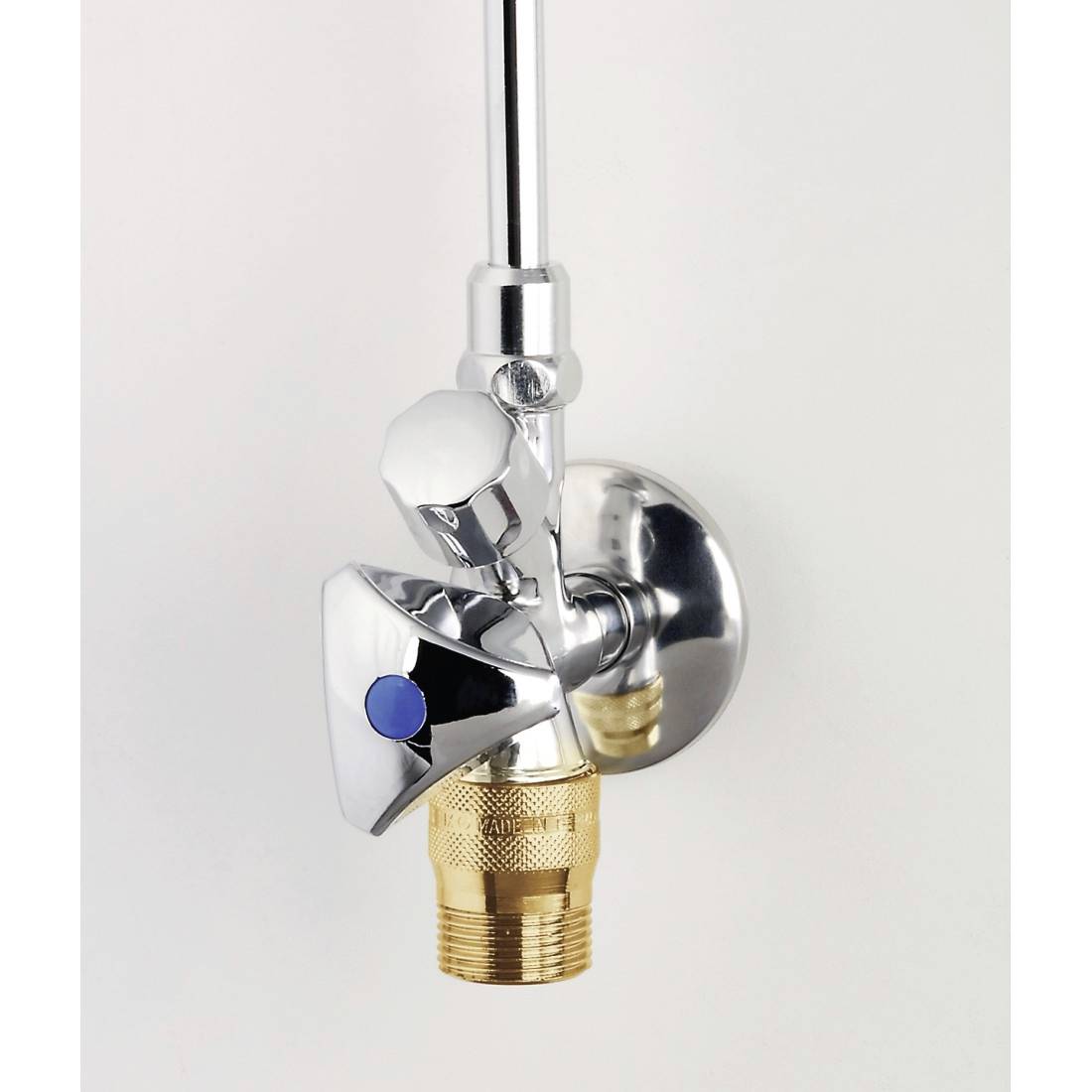 A chrome-plated angle valve with a golden turning handle and a blue marking on the front, mounted on a wall.