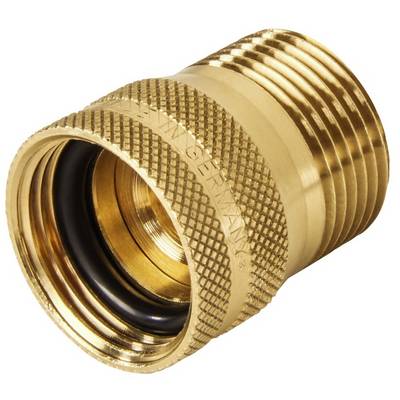 A metal hose connector with an external thread, used for water connections. It is made of brass and has a black seal.