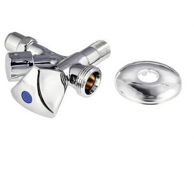 Silver corner valve with blue marking and matching cover flange, used for water connections in plumbing installations.