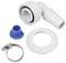 A white plastic hose adapter with multiple components, including a hose clip, a seal, and a blue insert.