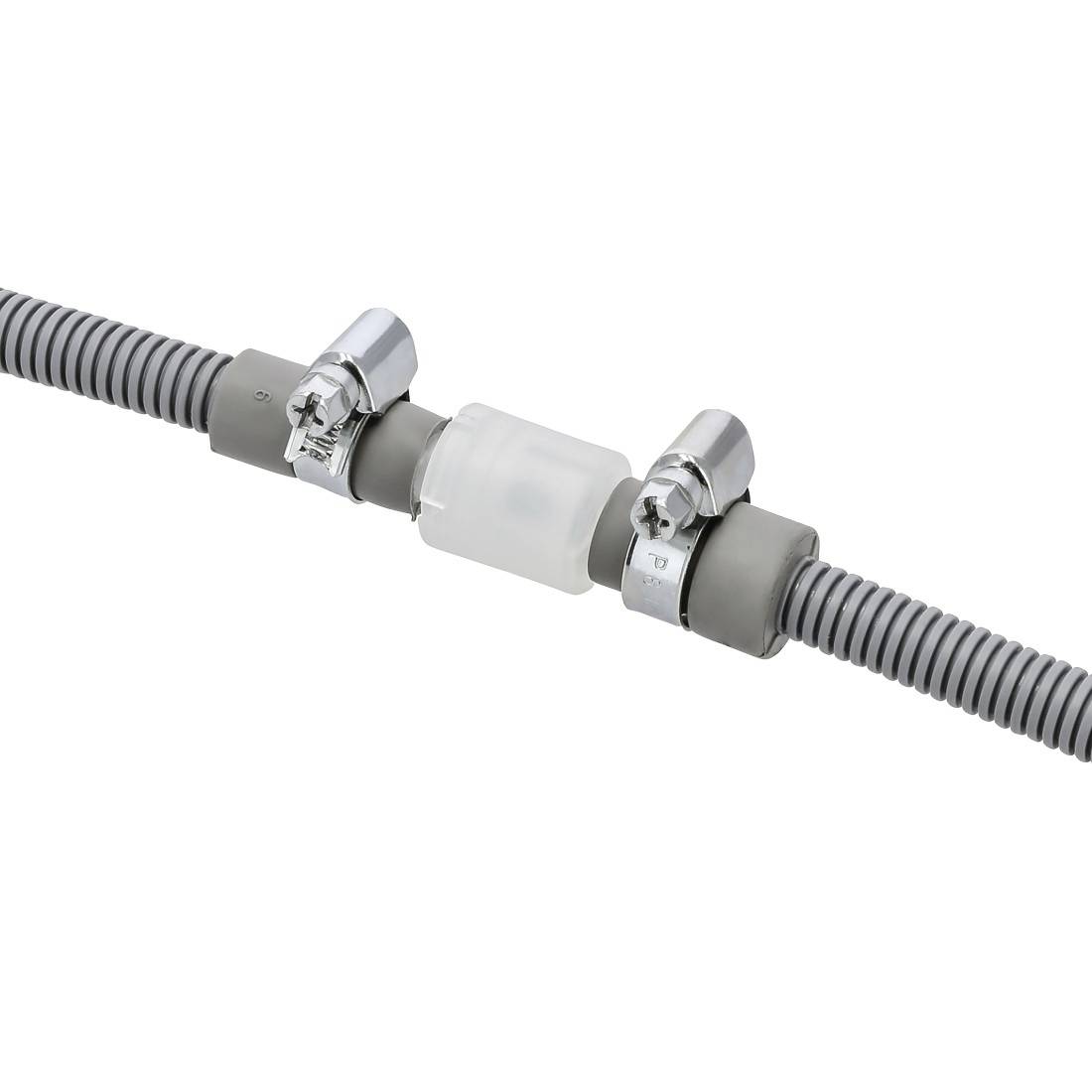 A grey corrugated pipe with metal clips is connected to a transparent central section showing a cable coupling.