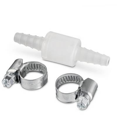 A white plastic non-return valve with two metallic hose clips, visible for connection to hoses.