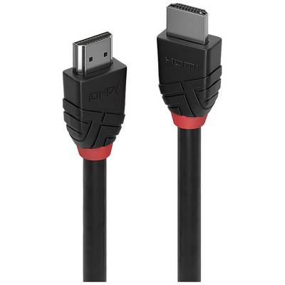 'Black HDMI cable with red accents; left connection labelled LINDY, right labelled HDMI. High-quality connection option for video and audio.'