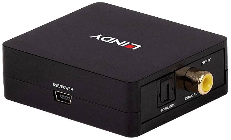 Black digital audio converter with USB/Power and input sockets for optical and coaxial cables, brand logo 'LINDY'.