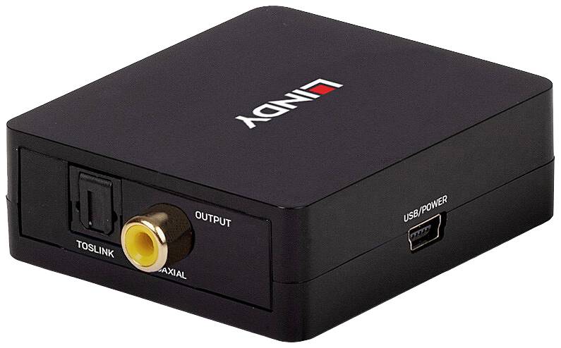 A digital audio converter with Toslink and coaxial output sockets, along with a USB power input.