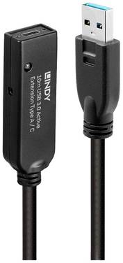 LINDY USB cable USB 3.2 1st Gen USB-A plug, USB-C® socket 10.00 m Black 43376
