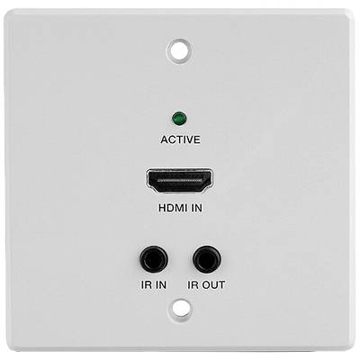 White wall plate with HDMI input and IR In/Out sockets. Green light indicates 'ACTIVE'.