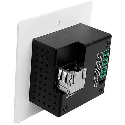 A rectangular, black electronic device with an Ethernet port on a white wall plate. Connections attached laterally.