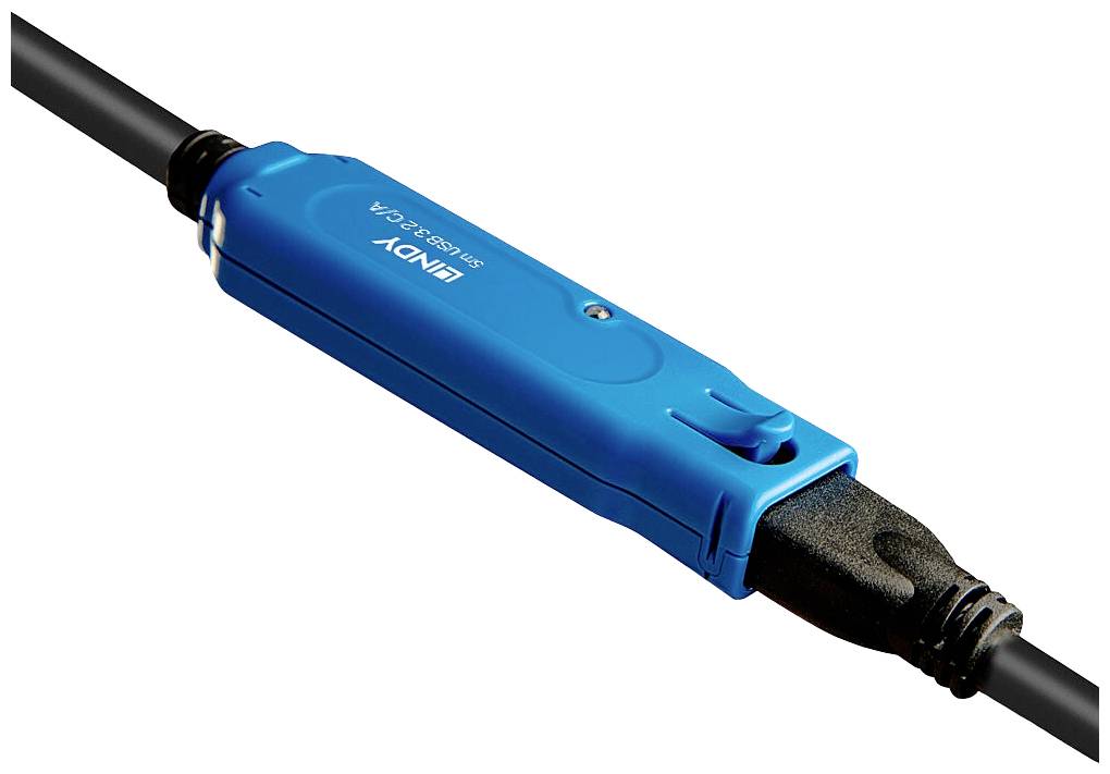 A blue inline USB amplifier, connected to a black USB cable, improves data transmission between devices.