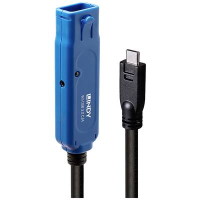 A blue extension cable with a USB-C connector from Lindy. The repeater is on the left, the USB-C plug on the right.